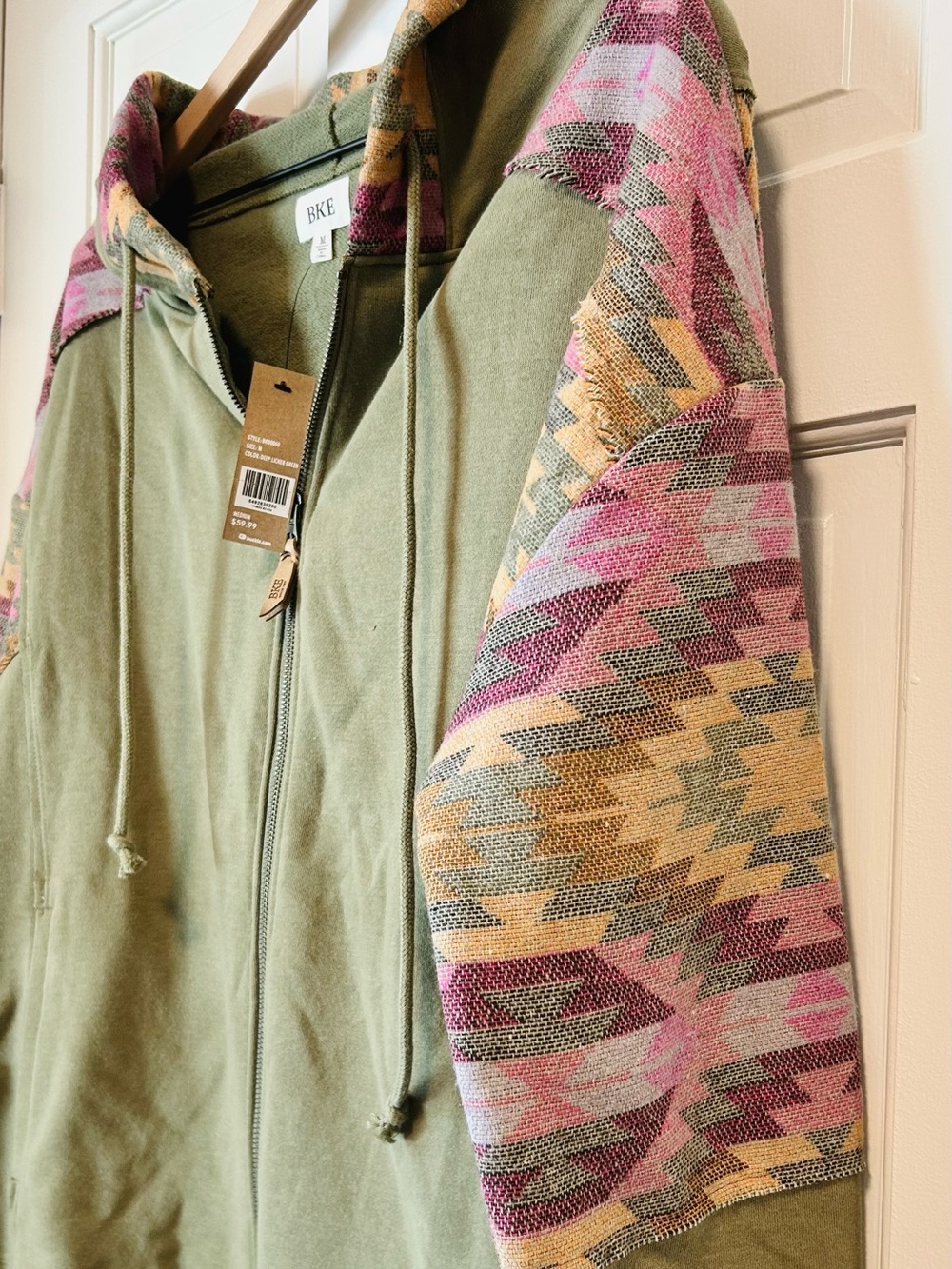 NWT BKE Deep Lichen Green Southwestern Pieced Full Zip Hoodie M - Picture 4 of 8